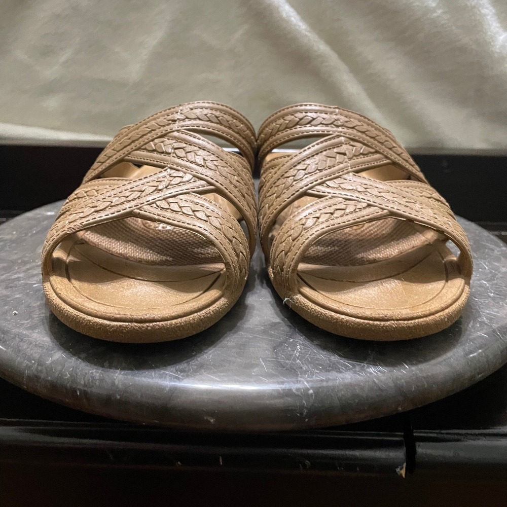 Okabashi Slide Sandals Womens ML Tan Braided Strap‎ Comfort Waterproof Casual